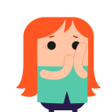Een illustratie van een vrouw met rood haar die haar handen voor haar gezicht houdt en onzekerheid uitstraalt.