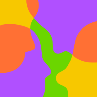 Illustratie van gezichten over elkaar heen in groen, geel, oranje en paars