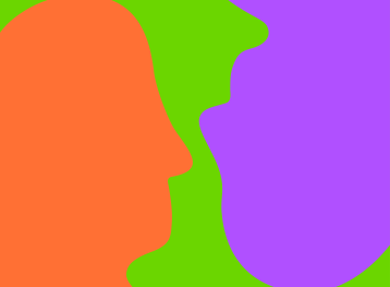 Illustratie van 2 hoofden tegenover elkaar in groen, paars en oranje