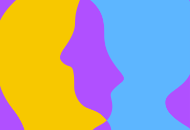 Illustratie van gezichten over elkaar heen in geel, blauw en paars