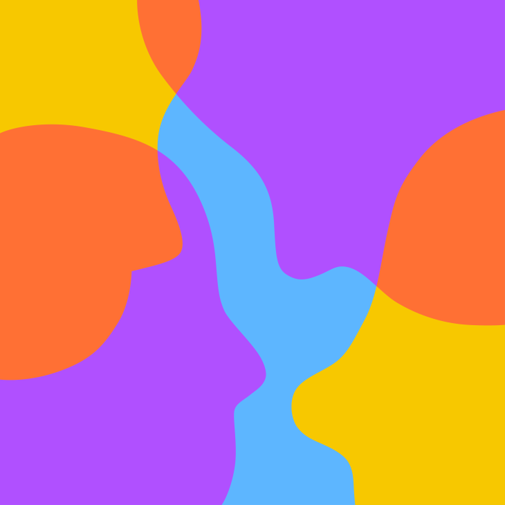 Illustratie van gezichten over elkaar heen in blauw, geel, oranje en paars