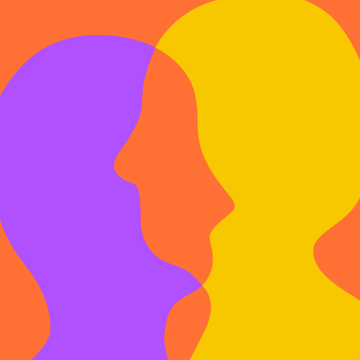 Illustratie van gezichten over elkaar heen in geel, oranje en paars