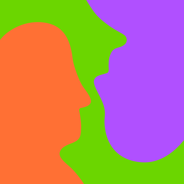 Illustratie van 2 hoofden tegenover elkaar in groen, paars en oranje