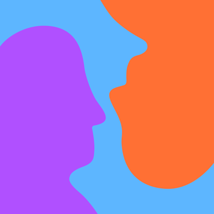 Illustratie van 2 hoofden tegenover elkaar in blauw, paars en oranje