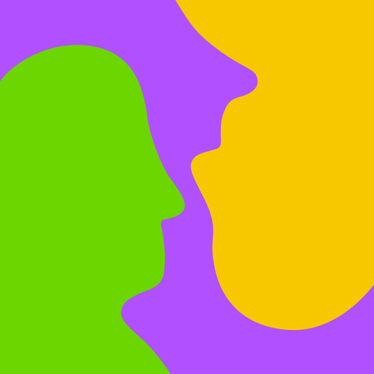 Illustratie van 2 hoofden tegenover elkaar in groen, paars en geel