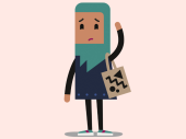 Illustratie van vrouw met tas die verdrietig kijkt