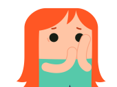 Een illustratie van een vrouw met rood haar die haar handen voor haar gezicht houdt en onzekerheid uitstraalt.