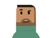 Illustratie van een licht getinte man met een stoppels baard, kijkt verbaast met één wenkbrauw omhoog, heeft een groene trui aan.