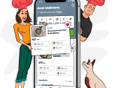 Een illustratie van een iphone waarop de app van Fitchef te zien is. Aan weerszijde staat een man en een vrouw met beide een koksmuts op en een hond zit er naast. Één van de recepten is uitgelicht.