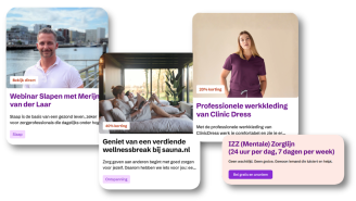 Vier onderdelen met verschillende IZZ ledenvoordelen erop, zoals de webinar voor slapen, genieten bij de sauna met korting, korting op werkkleding en de IZZ zorglijn.