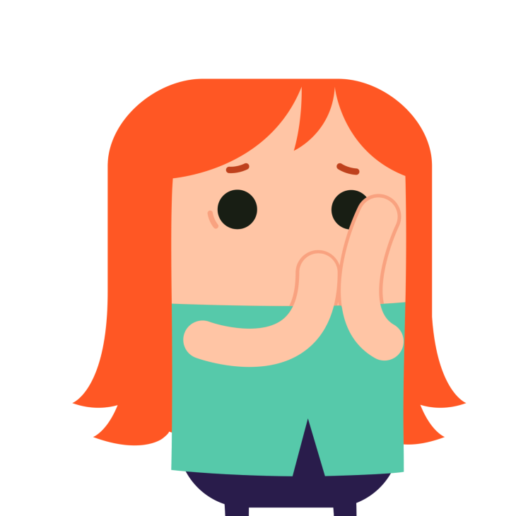 Een illustratie van een vrouw met rood haar die haar handen voor haar gezicht houdt en onzekerheid uitstraalt.