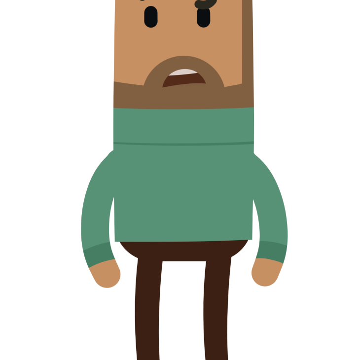 Illustratie van een licht getinte man met een stoppels baard, kijkt verbaast met één wenkbrauw omhoog, heeft een groene trui aan.