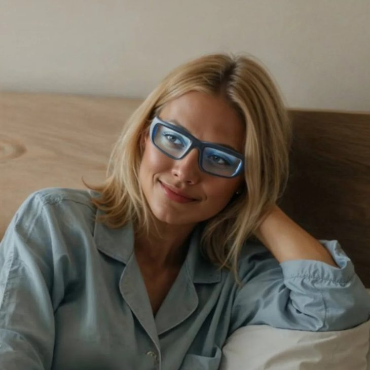 Een vrouw met blond haar draagt een zwarte bril die blauw licht filtert en lacht.