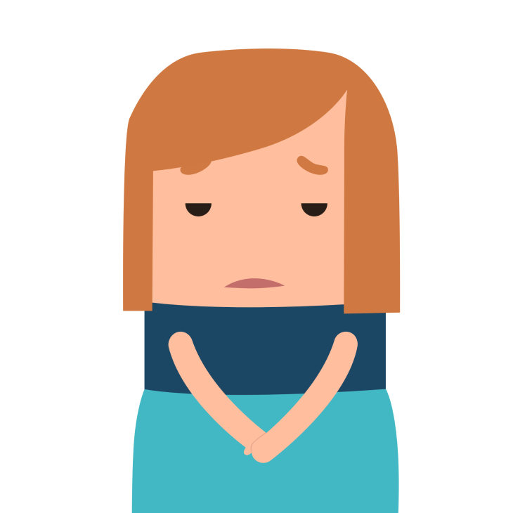 Een illustratie van een verdrietig kijkende vrouw die haar handen voor haar vasthoudt.