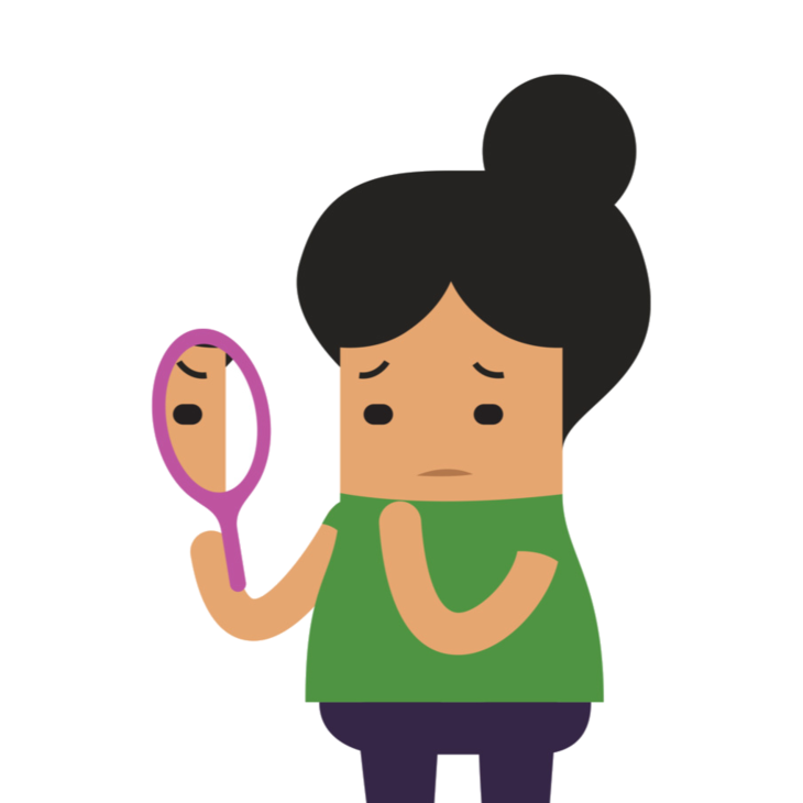 Een illustratie van een vrouw die kijkt in een spiegel die zij vasthoudt en kijkt ongelukkig.