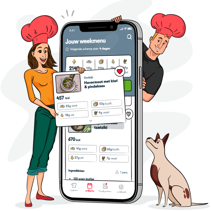 Een illustratie van een iphone waarop de app van Fitchef te zien is. Aan weerszijde staat een man en een vrouw met beide een koksmuts op en een hond zit er naast. Één van de recepten is uitgelicht.