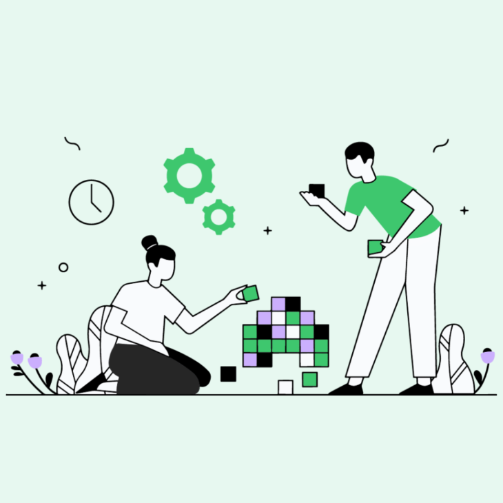 groene tekening met 2 poppetjes die blokjes stapelen