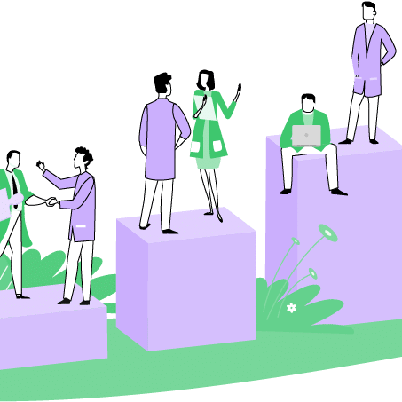 Illustratie in paars en groen met 3 blokken waar 2 figuren op staan
