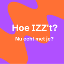 Oranje en paarse vormen met tekst Hoe IZZ't nu echt met je?