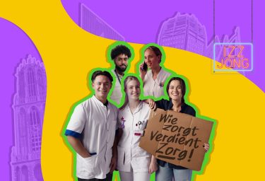 5 jonge zorgmedewerkers met groene omlijsting. Gebouwen op paarse achtergrond. Bord met tekst: Wie zorgt, verdient zorg!