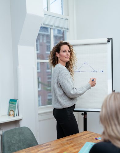 Vrouw met lang krullend haar voor een flipover met een grafiek