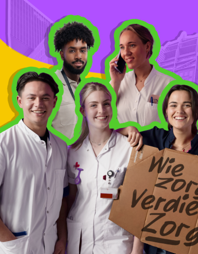 5 jonge zorgmedewerkers met groene omlijsting. Gebouwen op paarse achtergrond. Bord met tekst: Wie zorgt, verdient zorg!