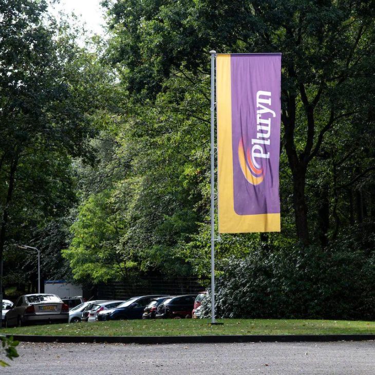 Vlag van Pluryn in geel en paars met bomen en parkeerterrein op de achtergrond