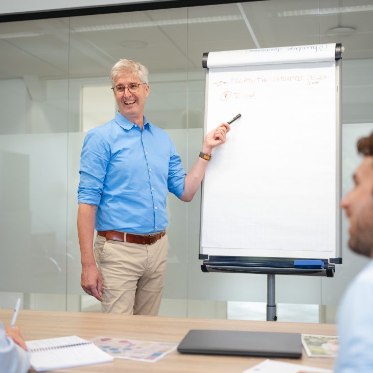 Man met blauw overhemd staat voor flipover en wijst er met een viltstift naar. een man en vrouw kijken naar hem.