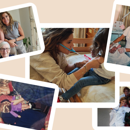 Compilatie van 5 foto's van zorgmedewerker Ellen door de jaren heen